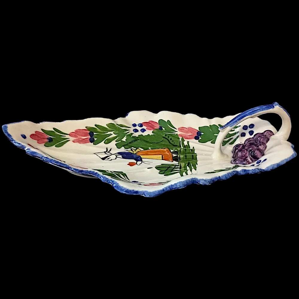 Blue Ridge Pottery Handled‎ Leaf Celery Dish Hand Painted Vintage French Peasant